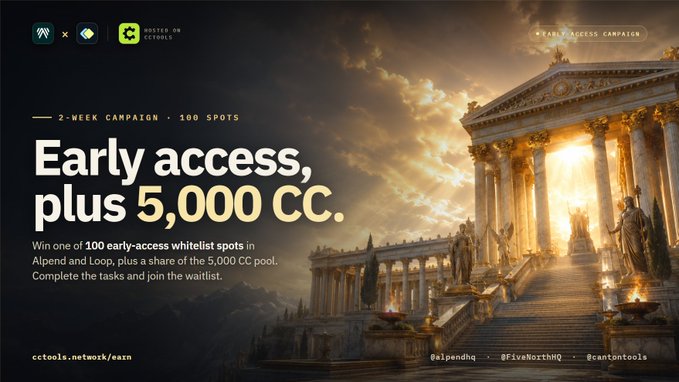 A screenshot of a poster with an image of two grand classical buildings with statues at the top, set against a sunset background. The text above the image says "Early access + 5,000 cc. Win one 100 early-access whitelist spots in Alpndhq ... Complete the tasks + join". Below this text is another piece of information that reads "cantontools".