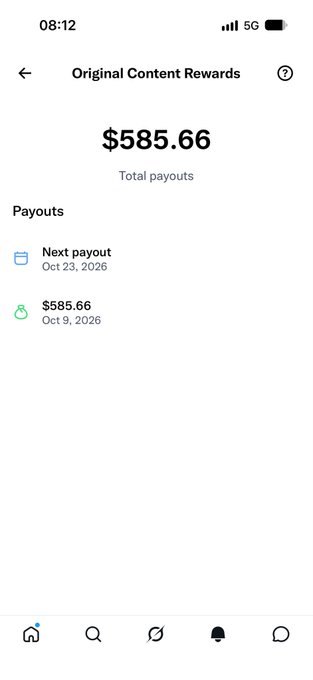 A mobile screenshot of an 'Original Content Rewards' page showing total payouts of $585.66, a next payout on Oct 23, 2026, and a $585.66 payout on Oct 9, 2026.