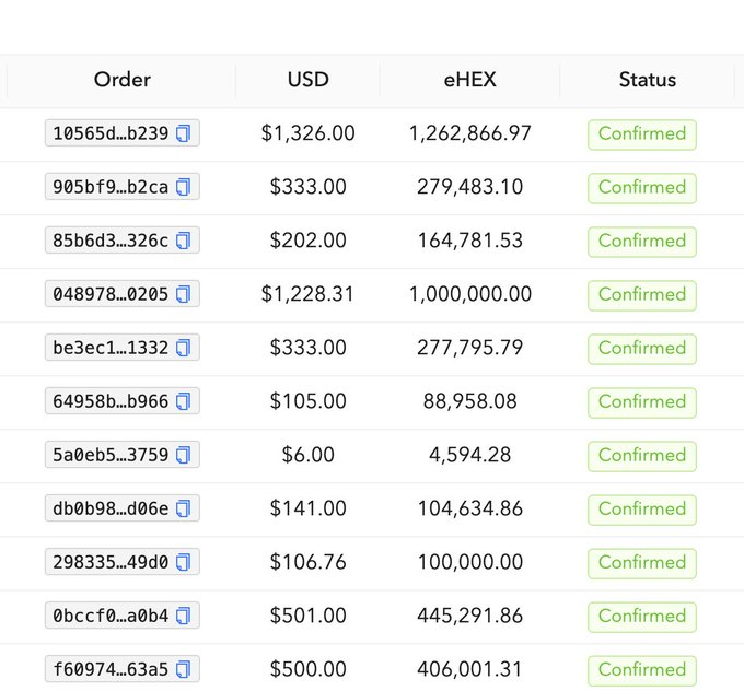 A transaction table displays multiple confirmed orders showing exchange values between USD and eHEX tokens, with order hashes, USD amounts ranging from $6 to $1,326, and corresponding eHEX amounts.