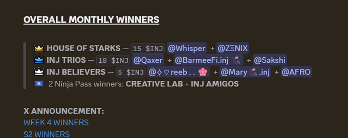 Discord message listing 'OVERALL MONTHLY WINNERS' including 'HOUSE OF STARKS', 'INJ TRIOS', and 'INJ BELIEVERS' with INJ token prizes, plus Ninja Pass winners 'CREATIVE LAB' and 'INJ AMIGOS'.