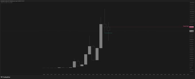 A dark TradingView candlestick chart shows Bitcoin's parabolic price action in late 2024, with a massive rally peaking near $99,000 and a recent red pullback candle pulling back toward a marked "Yearly Open" level at $91,499, illustrating the post's point that Bitcoin must hold above $87,000 to maintain bullish yearly momentum.