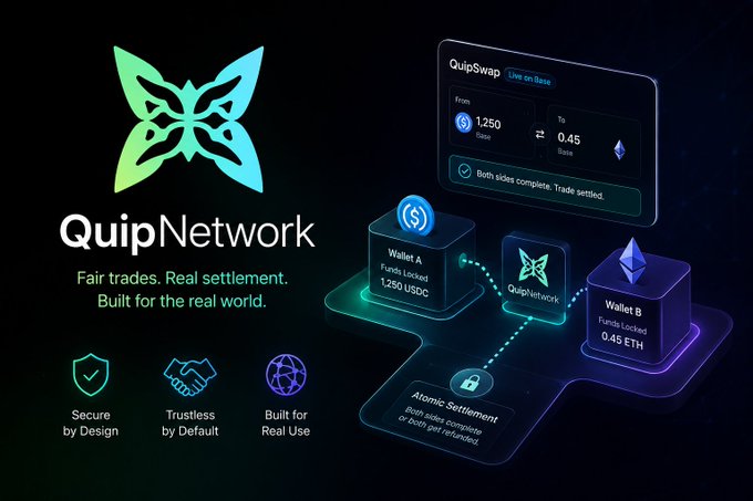 A promotional graphic for 'QuipNetwork' describes it as a service for 'Fair trades. Real settlement. Built for the real world,' illustrating an atomic settlement swap between 1,250 USDC and 0.45 ETH.