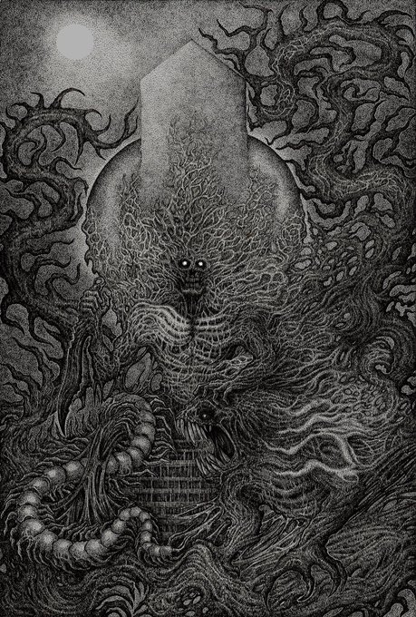 A dark, intricate black-and-white illustration featuring a grotesque skeletal creature with tendrils, set against a moonlit sky with twisted organic shapes and architectural elements.
