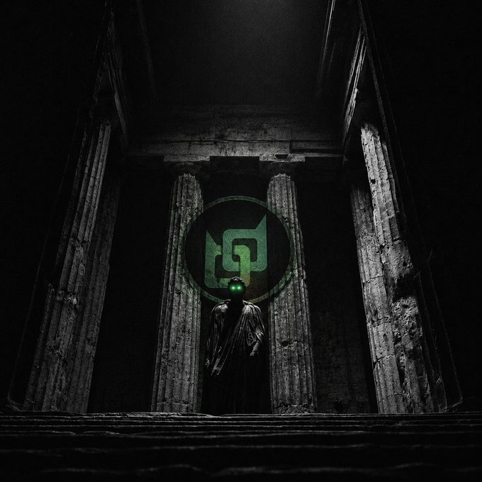 A dark, atmospheric image of a robed statue standing between ancient stone columns in a temple-like structure, with a glowing green runic symbol on its chest.