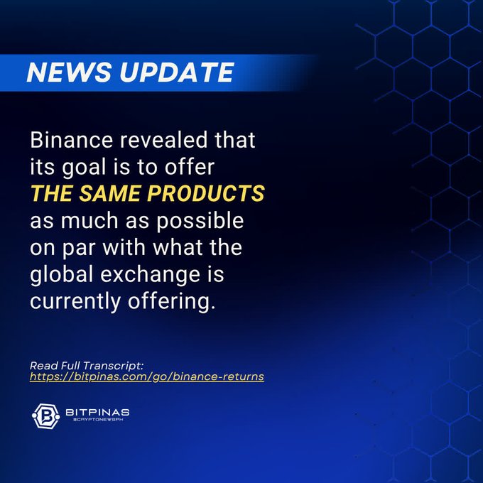 A dark blue BitPinas "NEWS UPDATE" graphic highlights Binance's stated goal of offering the same products as the global exchange, with a link to the full transcript at https://bitpinas.com/go/binance-returns, complementing the post about Binance's effort to bring Filipino users onto a locally regulated framework.