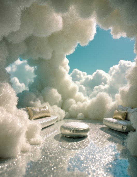 A surreal digital artwork depicting a dreamy room with cloud-like walls opening to a sky view, featuring silver cushioned seating on a glittery floor.