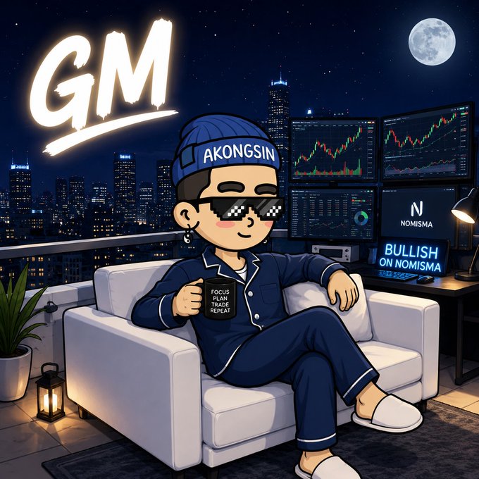 The image features a cartoon character wearing pajamas sitting on a couch with a cup of coffee in his hand. The character appears to be smiling while holding the mug. The background shows a city skyline at night, which adds an urban touch to the scene. The caption for the image reads "Good morning and happy Saturday. It' s another day and another opportunity to move closer to your dreams and goals. Make the most of it, stay consistent, and keep building".