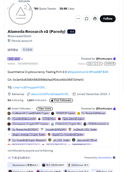 A Twitter profile page for 'Alameda Research v2 (Parody)' (@alamedaV2DAO), referencing a 'Quantitative Cryptocurrency Trading Firm 2.0' and the wallet address 0x3e43cE3858A6925986a7ea0f0dcdAEc06673d4ef.