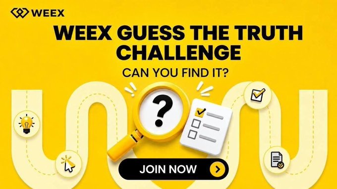 A yellow promotional graphic for the "WEEX Guess The Truth Challenge" featuring a magnifying glass with a question mark, a checklist, and a "JOIN NOW" button, matching the WEEX Truth Challenge #14 post that invites users to find hidden answers on the event page for a chance to win USDT rewards.