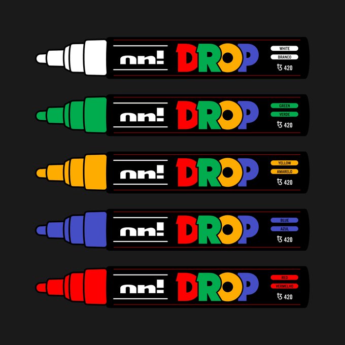 Five illustrated markers branded 'm! DROP t3 420' are shown in white, green, yellow, blue, and red color variants.