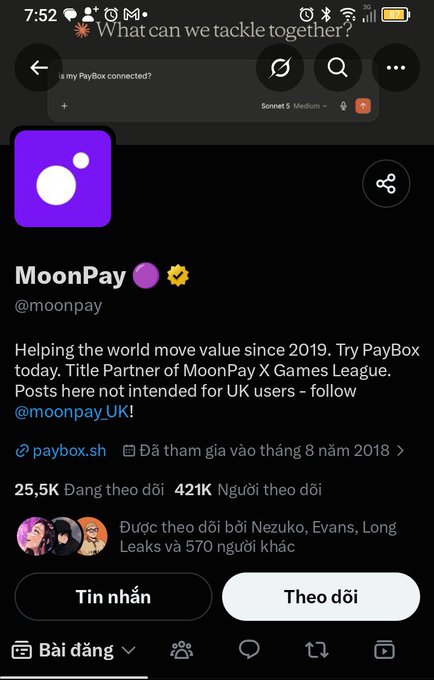Screenshot of a Twitter/X profile page for MoonPay (@moonpay), a verified cryptocurrency payment service with 25.5K following and 421K followers, displaying the bio 'Helping the world move value since 2019.'