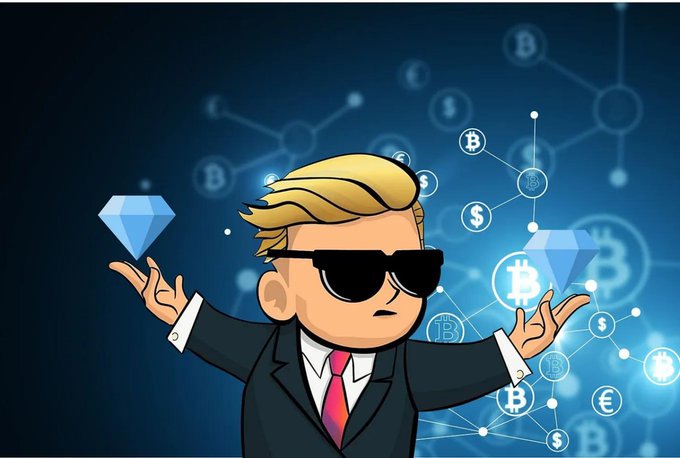 A cartoon figure in a suit, red tie, and sunglasses stands with arms outstretched, holding a diamond in one hand while surrounded by floating Bitcoin (₿), Ethereum (Ξ), and Dollar ($) symbols on a dark blue network-themed background.

The image's cool, sunglasses-wearing figure casually juggling crypto symbols while eyeing a diamond visually echoes the post's watchful "👀" sentiment toward the PONS token as a valuable utility gem in the crypto space.