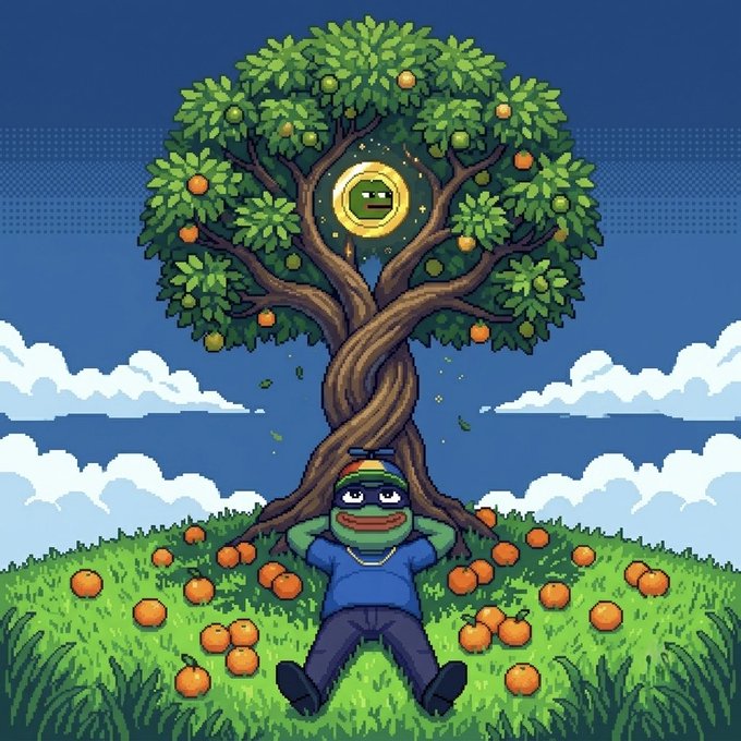 A pixel-art Pepe the Frog relaxes against an orange tree under a moonlit sky, with a glowing Pepe coin nestled in the branches. The serene scene matches the "good morning pepe enjoyers" vibe, blending calm early-morning vibes with meme coin optimism.