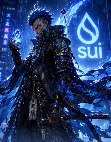 A stylized samurai warrior illustration in blue armor features the 'sui' logo and water droplet symbol.