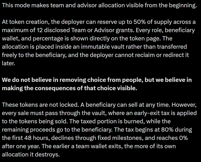 An informational graphic explaining wode's team and advisor allocation model, featuring a 50% supply cap across up to 12 disclosed grants held in an immutable vault with an early-exit tax starting at 80% that decays to 0% after one year.