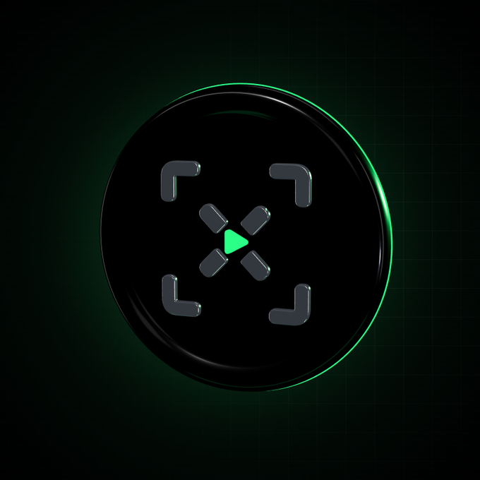 A 3D rendered black circular icon with a green glowing edge, featuring a camera focus bracket design with an X and a green play triangle in the center.