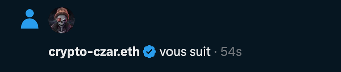 A Twitter/X notification from verified user 'crypto-czar.eth' with a clown profile picture, showing the text 'vous suit · 54s'.