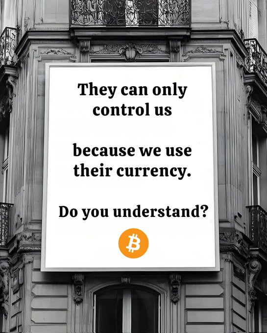 A white billboard mounted on a classical building facade displays the text 'They can only control us because we use their currency. Do you understand?' with a Bitcoin logo below.