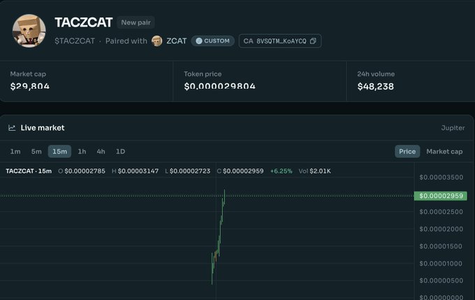 A cryptocurrency market page for 'TACZCAT' showing a market cap of $29,804, token price of $0.000029804, and a 15-minute price chart with a 6.25% gain.