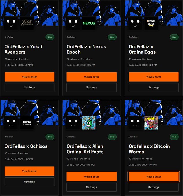 A grid of six digital collectible listings from 'OrdFellaz' including collaborations titled Yokai Avengers, Nexus Epoch, OrdinalEggs, Schizos, Alien Ordinal Artifacts, and Bitcoin Worms, each marked as 'Live' with entry and settings buttons.
