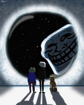 An illustration shows three small figures (a person in a blue coat, a person in a dark coat, and a small dog) looking through a round window at a large, grinning 'Trollface' floating in space.
