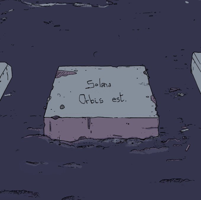 A digital illustration of a stone tombstone with the inscription "Solana Orbis est" set against a dark, moody background with other grave markers visible on the sides.