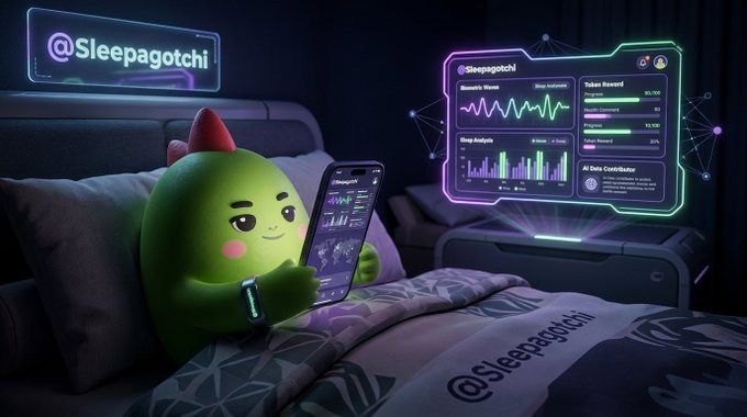A green creature with a red horn holds a phone displaying sleep analytics next to a holographic dashboard labeled '@Sleepagotchi'.