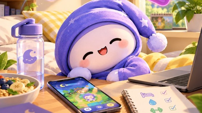 An animated, sleepy purple mascot character wearing a starry nightcap sits on a desk next to a water bottle, a bowl of fruit and cereal, a smartphone displaying a game, a laptop, and a notebook with a fitness checklist.