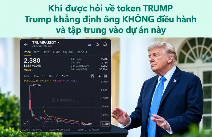 A graphic with Vietnamese text discussing the TRUMP token, showing Donald Trump speaking alongside a Binance price chart for TRUMP/USDT displaying a price of $2,380.