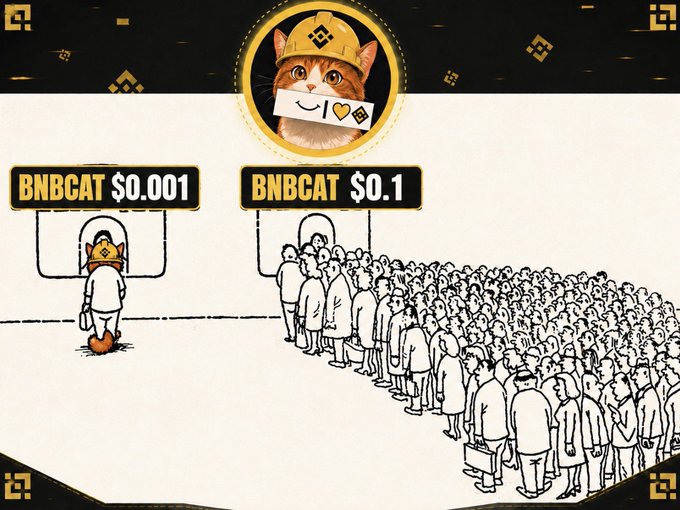 The image shows a meme depicting two queues: a single person waiting in the "BNBCAT $0.001" line, while a massive crowd lines up at the "BNBCAT $0.1" booth, illustrating how investors who buy in early at $0.001 will reap massive gains as the token rises to $0.1. The scene is topped with the BNBCAT mascot—a cat wearing a miner's helmet—and reinforces the post's claim that $BNBCAT is undervalued, encouraging viewers to buy before the price surges.