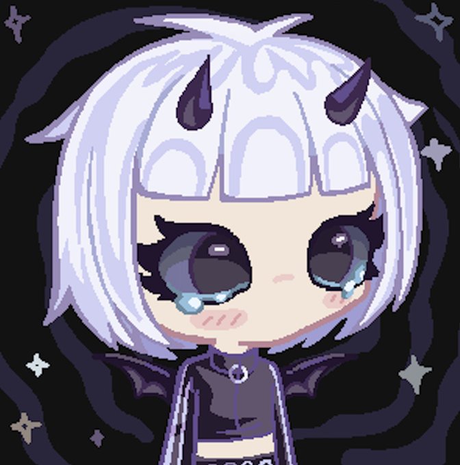 A chibi-style anime illustration of a white-haired character with dark horns, large sad eyes with tears, and a black outfit against a dark starry background.
