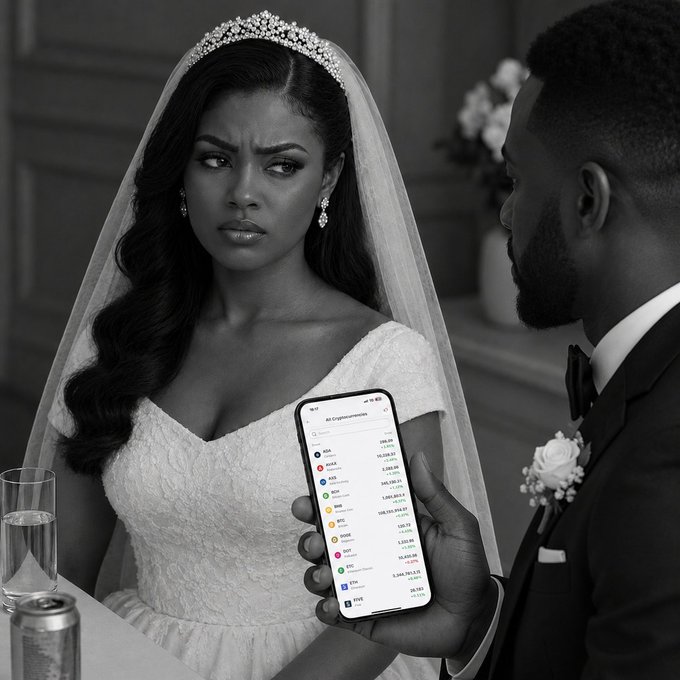 A black and white photo of a wedding scene where a bride looks at a groom skeptically while he holds up a phone displaying a cryptocurrency portfolio of various coins.