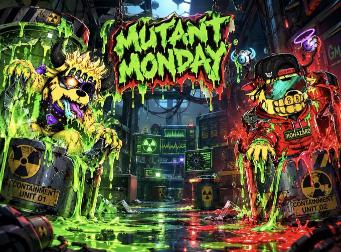 A vibrant, stylized illustration titled 'MUTANT MONDAY' featuring cartoon monster characters emerging from biohazard containment units dripping with green and red slime in a chaotic lab setting.