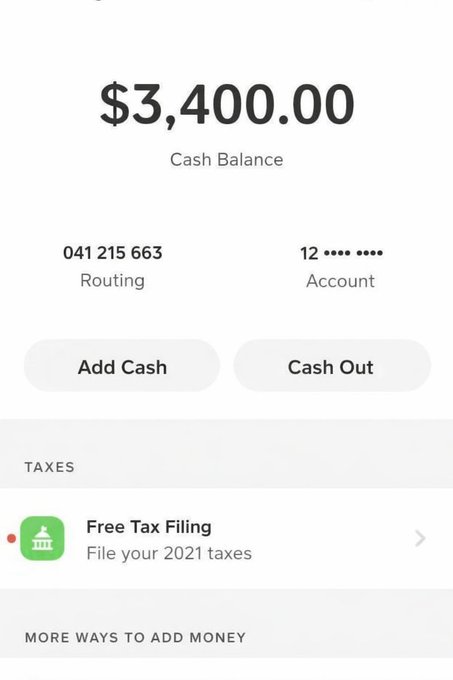 A banking app screen showing a Cash Balance of $3,400.00 with routing number 041 215 663 and partial account number 12 **** ****, alongside 'Add Cash' and 'Cash Out' buttons.