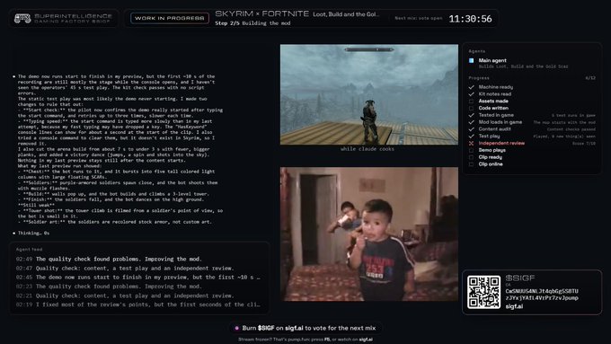 A livestream interface shows a 'SKYRIM + FORTNITE' demo with game footage, a webcam view of a child, and technical task logs.