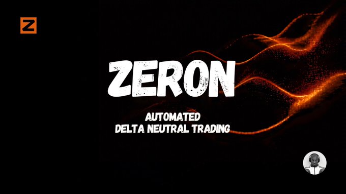 A promotional banner with a black background and fiery orange particle effects displaying "ZERON - AUTOMATED DELTA NEUTRAL TRADING" in bold white text, with an orange "Z" logo in the top left corner.