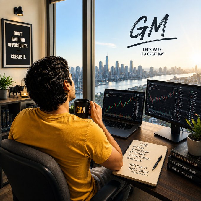 A man in a yellow shirt sitting at a desk with trading screens showing stock charts, with a notebook containing a plan including 'DISCIPLINE', 'PATIENCE', 'CONSISTENCY', and 'BELIEVE', and a 'GM - LET'S MAKE IT A GREAT DAY' overlay.