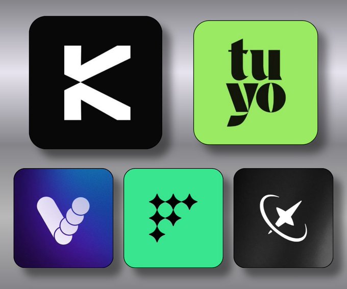 The image displays five rounded-square app icons arranged in two rows: a black "K" logo (KAST), a green "tuyo" text logo, a purple "V" logo (likely Vexl), a green four-diamond/star logo, and a black logo with a white shooting star inside an arc. The post text matches only the first two icons, with the remaining three likely representing other crypto card apps (@itstuyo, and three others) promoted for their cashback rewards and airdrop potential.