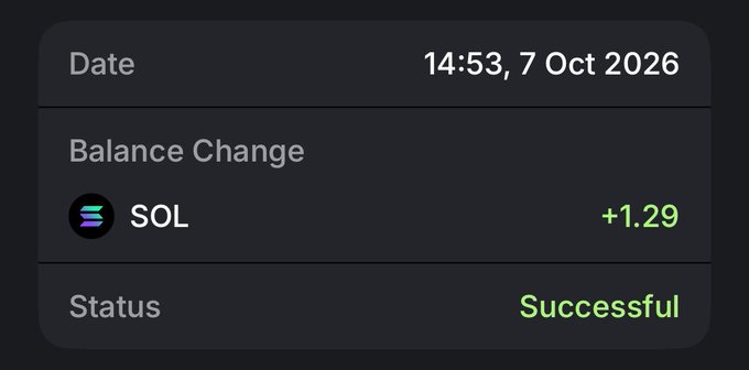 A transaction confirmation screenshot showing a successful deposit of +1.29 SOL received at 14:53 on 7 Oct 2026, celebrating the user's first win in months.