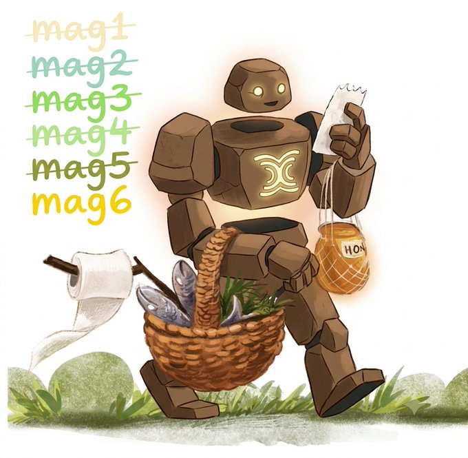 A friendly stone golem character (appearing to be a Seismic mascot) walks cheerfully with a woven basket filled with fish, a jug of honey, and a scroll. The text "mag1" through "mag6" is written in colorful hues on the left, and the image fits the post's theme of "ticking off goals one by one" as the golem appears to be progressing along a path.