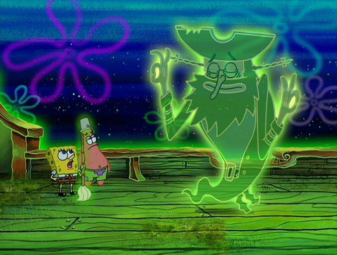 SpongeBob and Patrick stand in awe facing the glowing green ghost pirate Flying Dutchman, illustrating the humor of being forced to patiently wait for a crypto investment to materialize — much like staring at an apparition that refuses to appear.