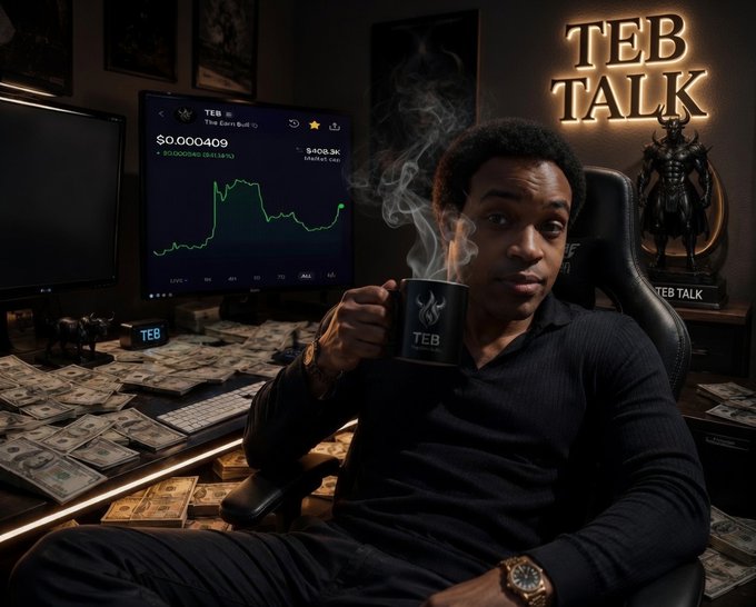 A man sits in a dark, money-strewn room holding a 'TEB' mug, with a monitor displaying 'The Earn Bull', a neon 'TEB TALK' sign, and a Batman figure in the background.