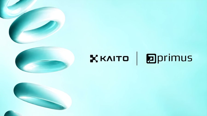 The image features a teal gradient background with stylized 3D rings floating on the left side, alongside logos for "KAITO" and "primus" in the center. The clean, modern design suggests a partnership announcement, visually reinforcing the post's message about blockchain transparency by contrasting the hidden nature of traditional finance with the open, trackable data of on-chain transactions.