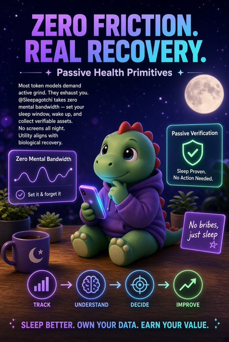 An advertisement for 'Sleepagotchi' with the headline 'ZERO FRICTION. REAL RECOVERY. Passive Health Primitives', featuring a green dinosaur mascot holding a phone.