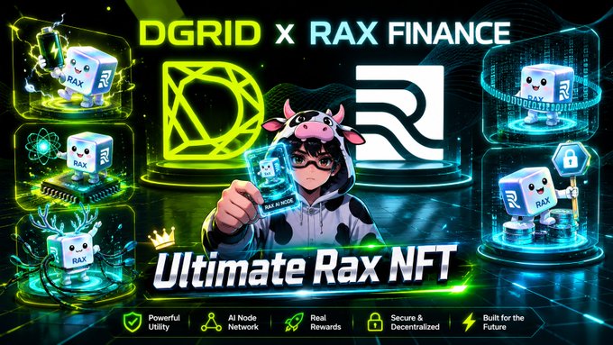 The image features a poster for an upcoming game called "UltimateRAX NFT" that will be released soon. The poster includes a cartoon cow character wearing a hoodie, holding a card with the text "UltimateRAX NFT". This suggests that the game is related to cryptocurrency and digital assets, specifically RAX currency. The post also mentions the launch of RAX Forge and the ongoing RAX × DGrid Collaboration Campaign, which are aimed at engaging community members in the development and growth of the RAX ecosystem.