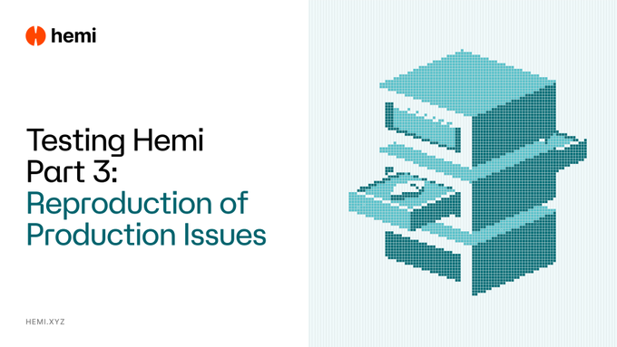 A presentation slide from 'hemi' titled 'Testing Hemi Part 3: Reproduction of Production Issues' featuring an isometric pixel art illustration of stacked server units.