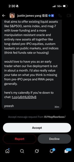 The image shows an Instagram DM screenshot from "justin james yang" (@JYtopfloorboss) pitching an early trader role for a platform offering pre-IPO equities, RWA perps, and indices, which is followed by a prompt asking to accept the message request. This relates to the post by calling out Polymarket affiliates for sliding into DMs with unsolicited trading solicitations.