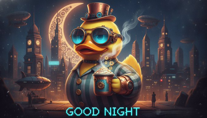 The image features a cartoon duck wearing glasses, a hat, and a striped shirt holding a cup of coffee while standing in front of a city skyline at night. The caption reads "Good night Quackers Most protocols bleed value while users sleep. @wallchain fixes this by turning every interaction into permanent revenue. Your attention is the new gold standard for growth." This post seems to be promoting a product or service related to the cartoon duck, possibly an animated coffee cup or a similar item designed for use during nighttime activities.