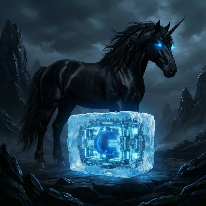 Dark fantasy artwork of a black unicorn with glowing blue eyes standing beside a glowing blue ice block containing circuitry and a crescent moon symbol.