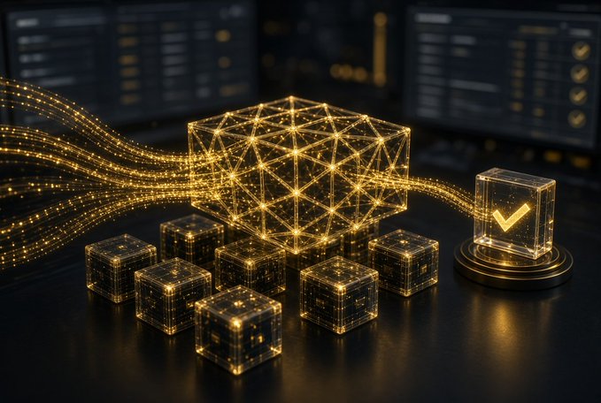 Digital artwork depicting glowing golden wireframe cubes connected by light streams, with one cube displaying a checkmark, set against blurred computer screens.